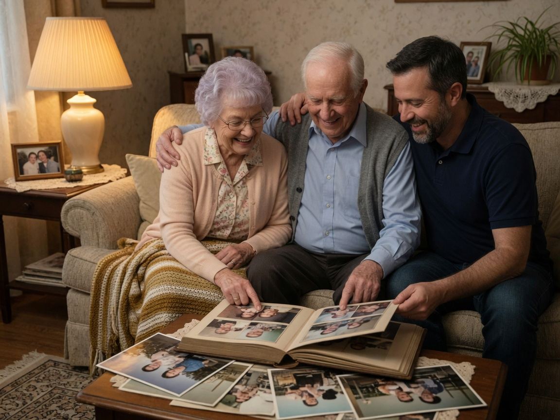 Family members looking at photos together