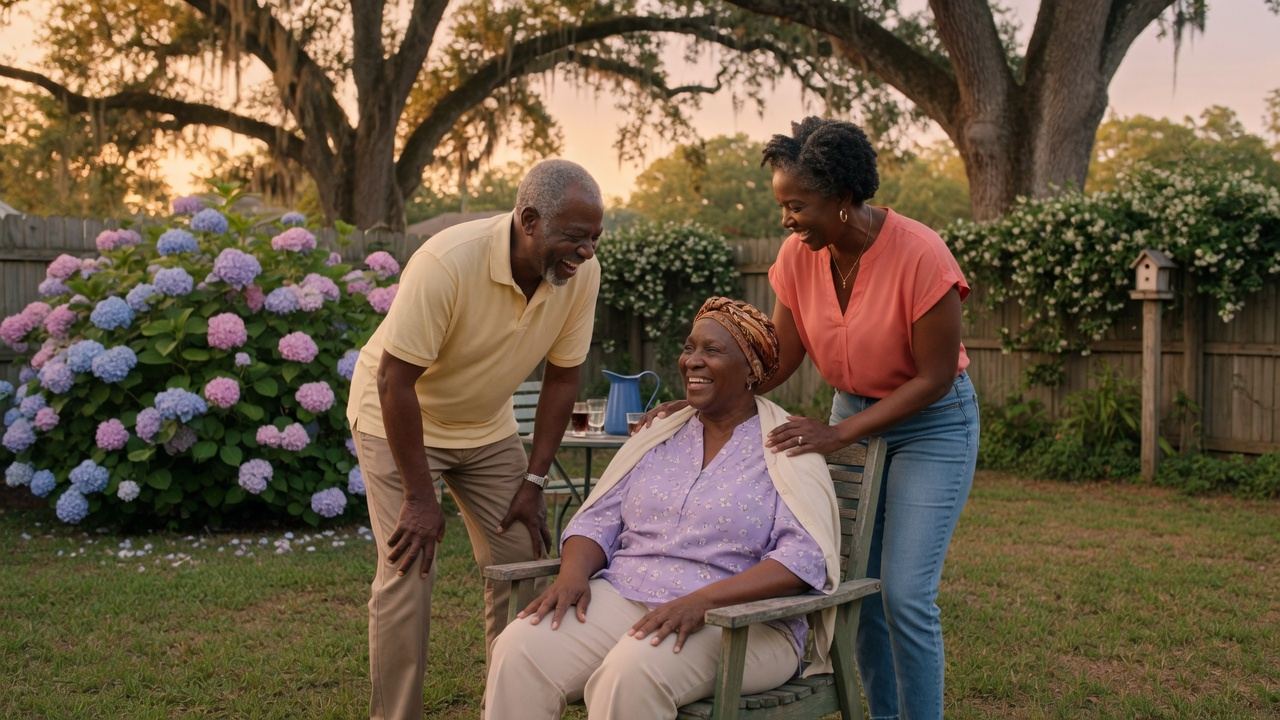 A family gathered outdoors