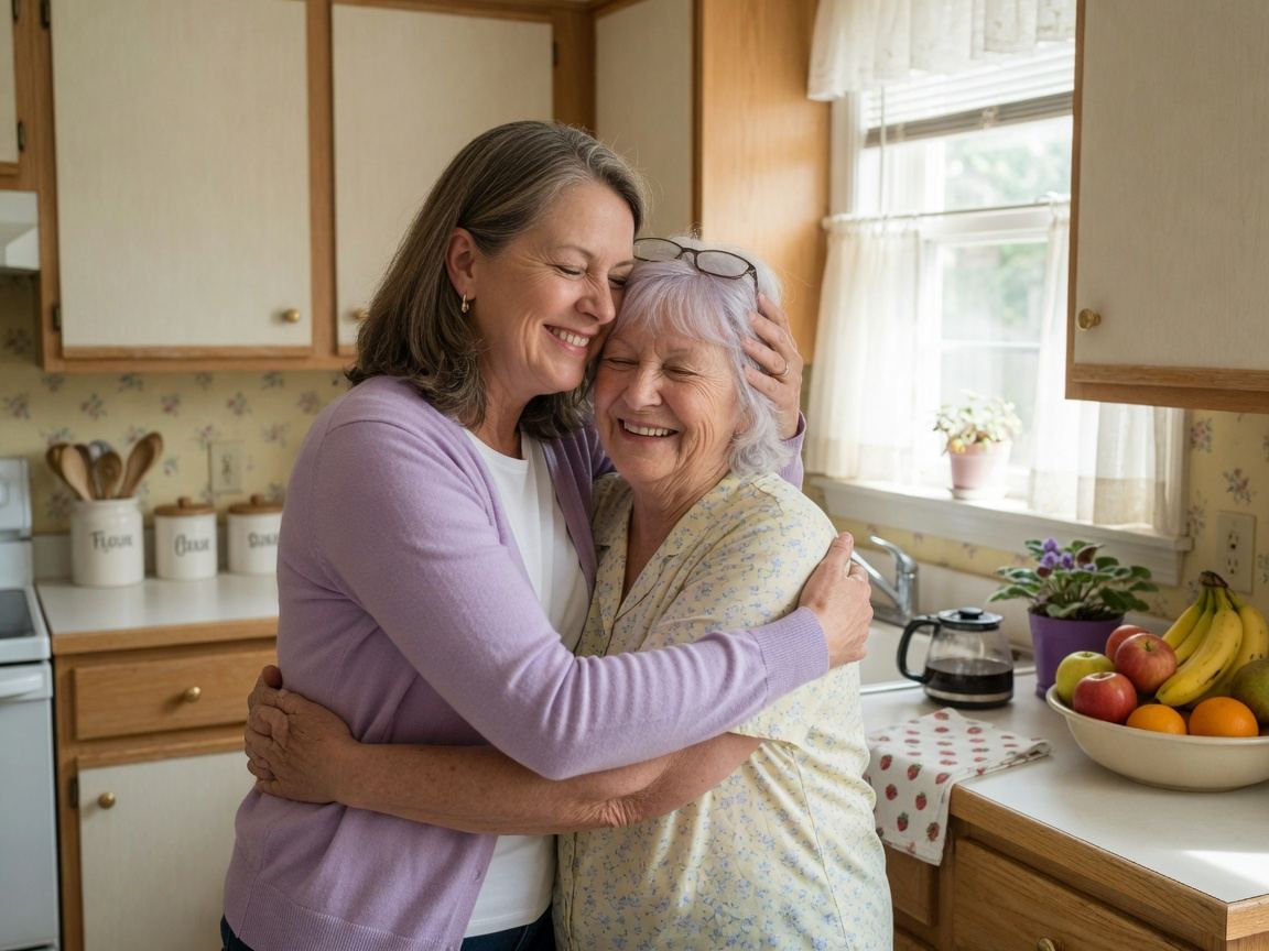 An adult daughter hugging her mother in the kitchen