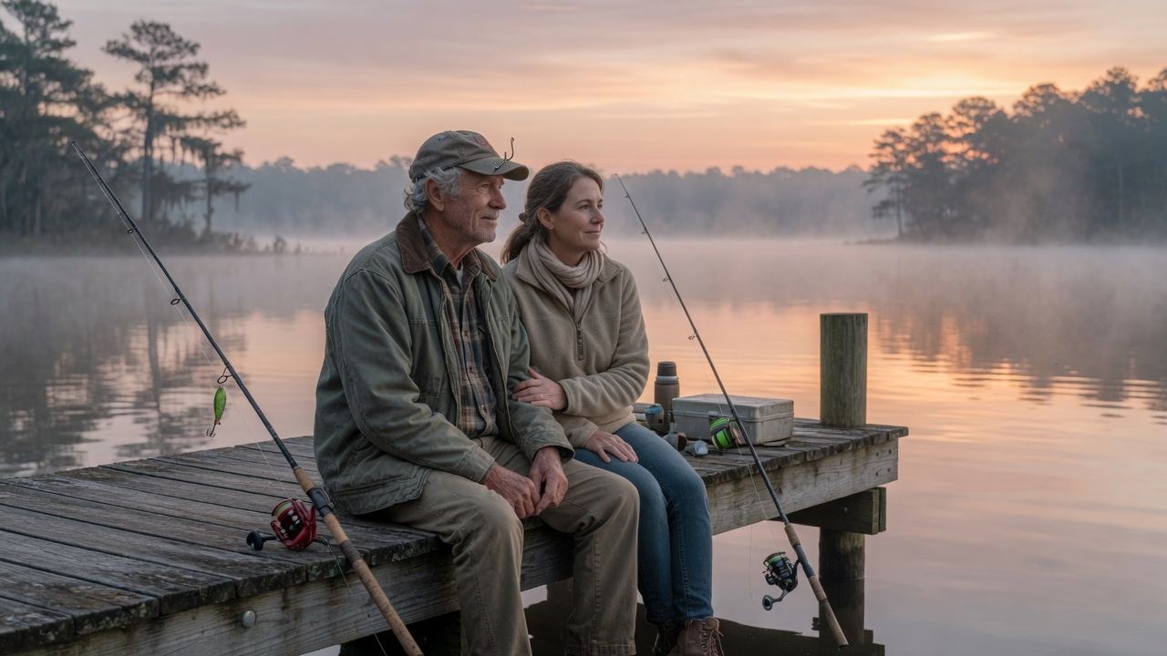 A father and adult daughter sitting together by a lake